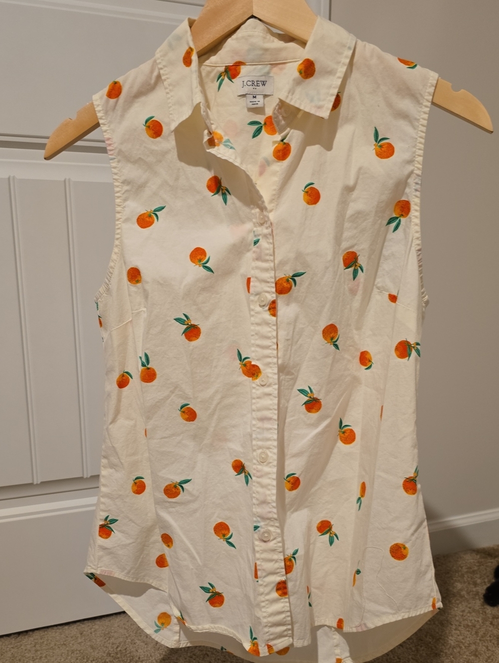 J. Crew Cream Sleeveless Button-Down Shirt with Orange Fruit Print